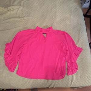 Vince Camuto Ruffle Sleeve Split Neck Blouse In Hot Pink